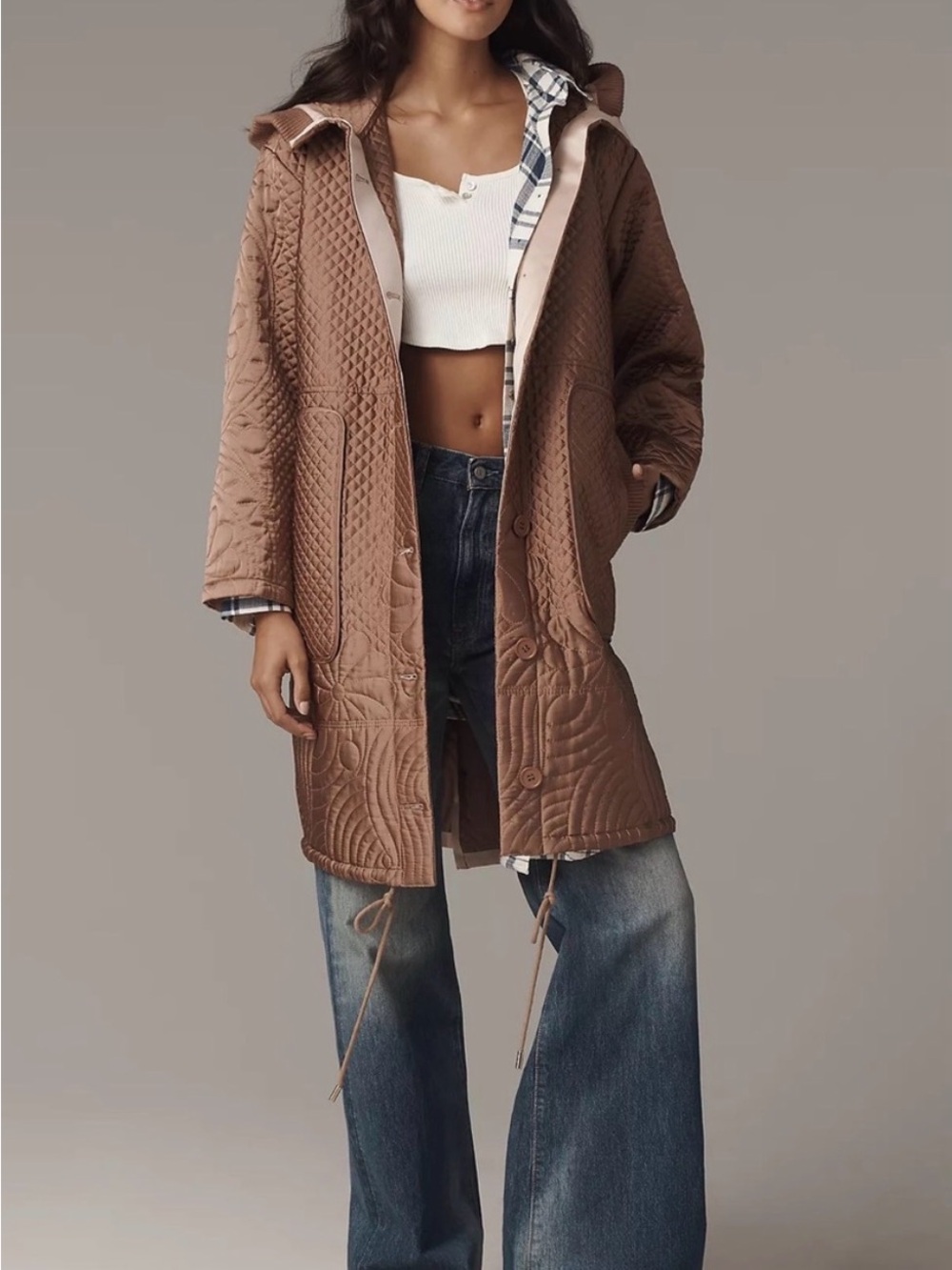 Anthropologie Quilted Hooded Knee-Length Puffer in Taupe Brown